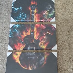 3 Piece Electric Guitar Fire Art Canvas Set